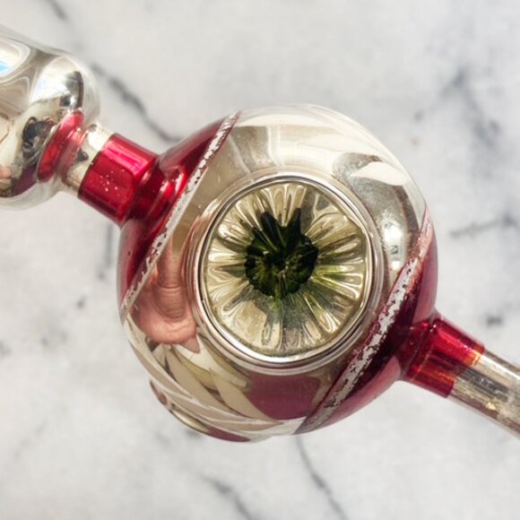 Vintage Indent Red Silver 9" Glass Christmas Tree Topper Feather Tree Small - Picture 7 of 8